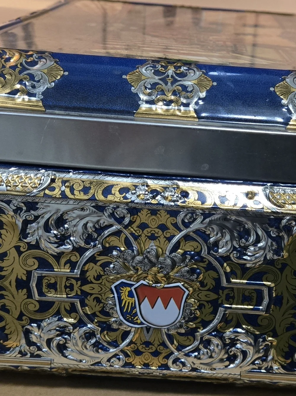 Vintage German Decorative Metal Tin Box with Detailed Courtroom Scene